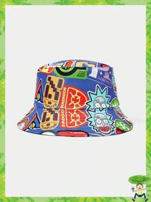 Rick and Morty X SHEIN Sombrero de cubo reversible negro con gráfico de figura de dibujos animados - Negro - Ver 1