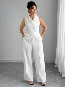 Elenzga 大码优雅荷叶边背心和裤子两件套，夏季 - 白色 - 查看 5