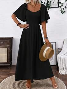Breezaya Đầm dự tiệc sinh nhật tốt nghiệp cổ vuông thanh lịch màu đen phong cách boho cho nữ, trang phục hòa nhạc, trang phục đi biển, váy dài tay bồng hở lưng có nơ thắt nơ, váy dài maxi vải mềm, tay bèo nhún, thời trang xuân hè - màu đen - Xem 3