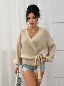 INAWLY Women's Fashion Wrap Tie Long Sleeve Cardigan - Apricot - View 7