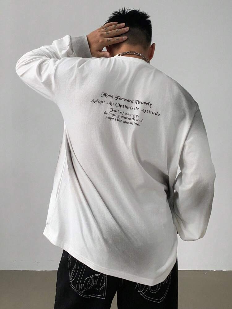 Autumn Vintage Letter Print Street Goth Style White Long Sleeve T-Shirt For Men