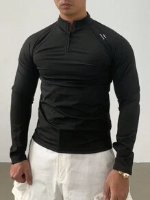 DAZY Men's Slim Fit Letter Print Half-Zip Closure T-Shirt, Black, Autumn Long Sleeve Men Shirt - Black - View 4