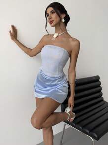 Firerie Delicate Romantic Elegant New Fashion Ethereal Fairy Style Music Festival Party Dance Vacation Mesh Floral Jacquard Ruffle Satin Mini Dress In Light Blue For Summer Ladies