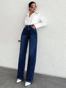 SHEIN Tall Jeans rectos de algodón 100% con cremallera, para personas de estatura alta - Azul lavado oscuro - Ver 5