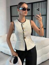 Lavishia Chaleco sin mangas estilo francés para mujer con botones metálicos grandes, adecuado para el trayecto al trabajo
