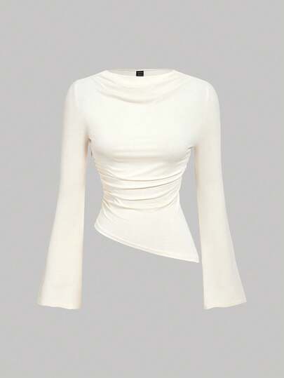 SHEIN MOD ملابس علوية T قابل للتحويل بياقة مجعدة وأكمام ناقوسية وخصر مجمع وهامش غير متماثل بلون المشمش، قمصان بيضاء عاجية وكريمية، قمصان بأهداب غير متماثلة، قمصان، عودة إلى المدرسة، الخريف، قمصان الخريف