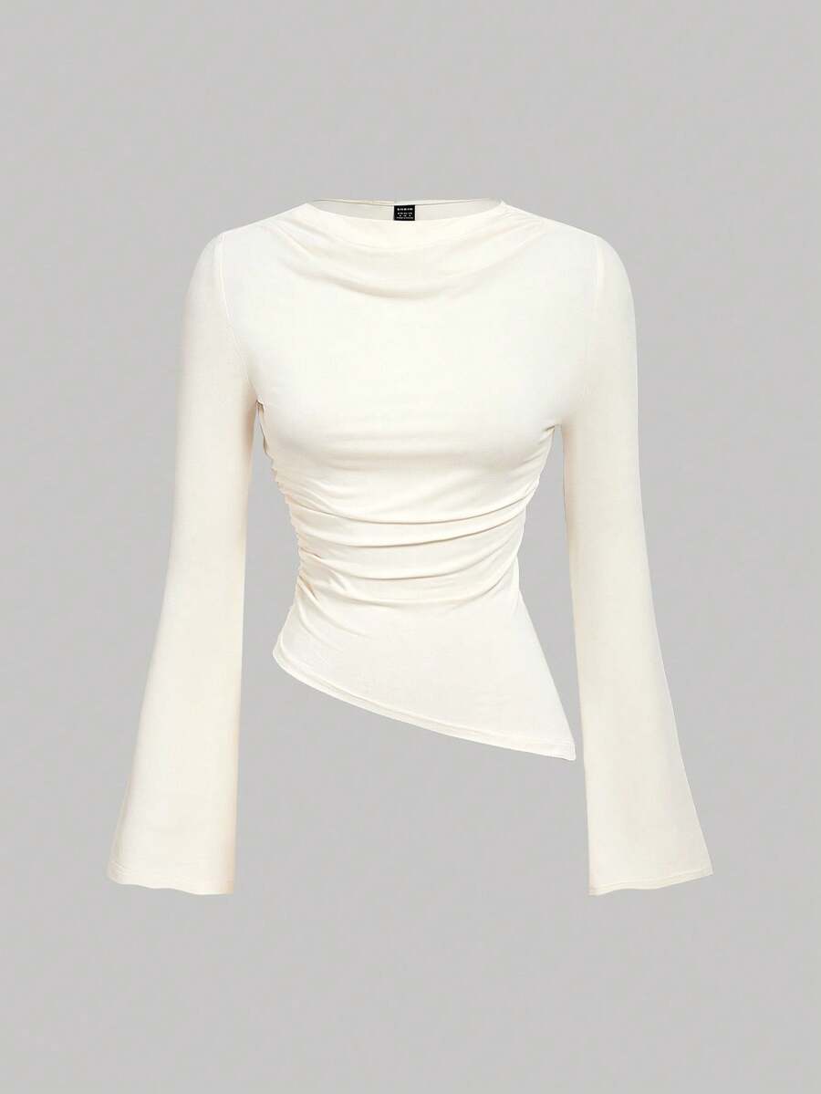 SHEIN MOD 褶皱圆领喇叭袖腰部褶皱不对称下摆杏色百搭T恤，象牙色上衣，奶油色上衣，白色上衣，不对称下摆，上衣，返校，秋季，秋季上衣 - 杏色 - 查看 1