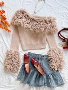 Soleia 女士度假风毛绒领长袖毛衣，适合派对、圣诞节、约会、夜店、海滩、邮轮、下午茶等场合，波西米亚风、浪漫花卉图案秋季蓬松毛衣 - 杏色 - 查看 5