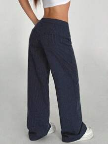 SHEIN Unity Women Low Waist Casual Cotton Striped Straight Leg Pants, Back To School Fall Cloth For Women - Navy Blue - View 2