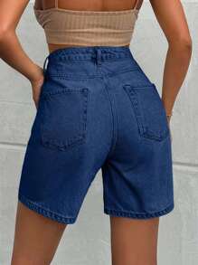 EURMUSE 100%Cotton LIGHT WASH HIGH WAIST SHORT - Teal Blue - View 2