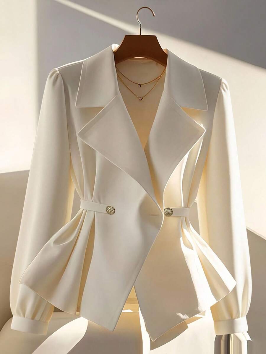 INAWLY 优雅时尚翻领双排扣束腰法式女式夹克 - 杏色 - 查看 1