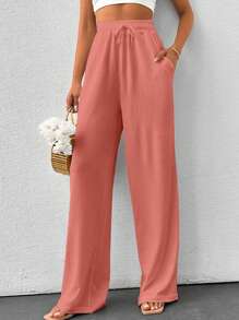 SHEIN Tall Sommer einfarbige beige Hose mit hoher Taille, Kordelzug und weitem Bein in Leinenoptik