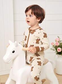 婴幼儿男童可爱熊印花连体衣，撞色拉链设计，弹性针织面料，柔软舒适长袖连体衣 - 彩色 - 查看 5