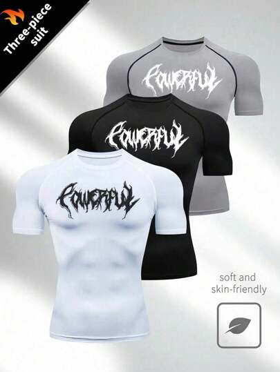 Manfinity Sport Corelite 男士简约印花短袖运动 T 恤健身服跑步 T 恤和背心修身衬衫圆领