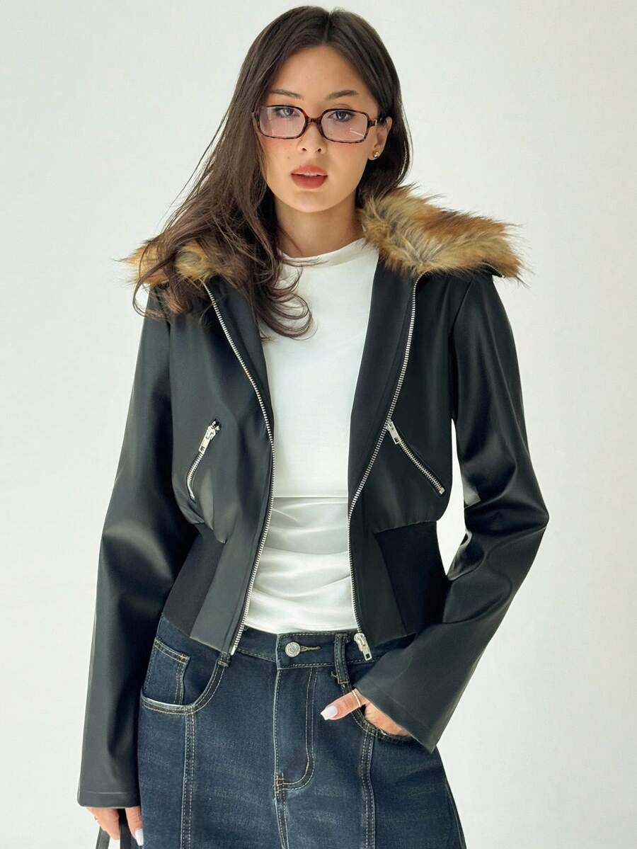 Aloruh Chaqueta de mujer con cuello de piel sintética, manga larga, cintura ceñida y parches de PU en estilo Y2K Baddie, para otoño/invierno