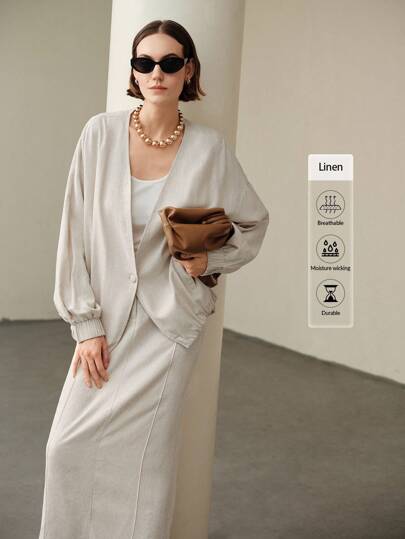  Uhlyne 卡其色亚麻厚垂坠亲肤宽松休闲 3D 廓形无领短外套和中裙两件套，简约女士秋冬时尚，舒适 V 领纽扣办公室/休闲/婚礼/教堂穿着
