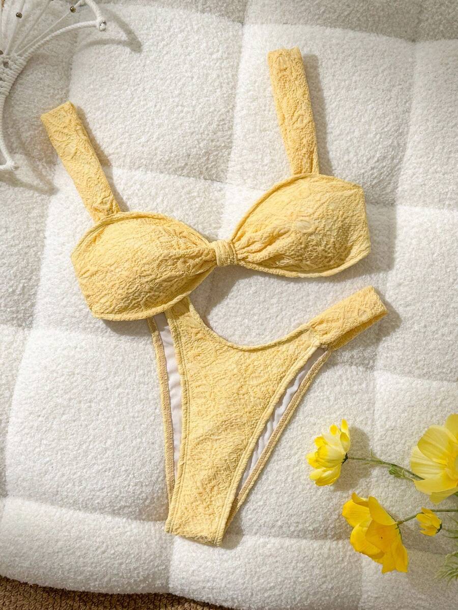 Swim Mod Neuer Sommer Einfarbiger Strandurlaub Plissee Bindeträger Nahtloser High-Cut Strukturierter Rücken Bindedetail Damen Badeanzug, Damen Bademode Set - Gelb - Übersicht 1