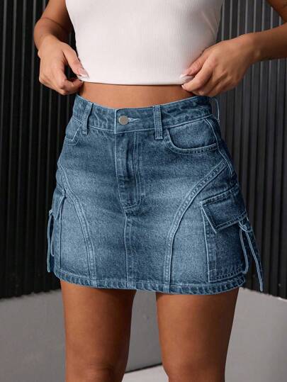 EURMUSE High Waist Mini Cargo Skirt Vintage Wash