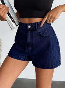 EURMUSE Women High Waist Rhinestone Denim Shorts - Dark Wash - View 6