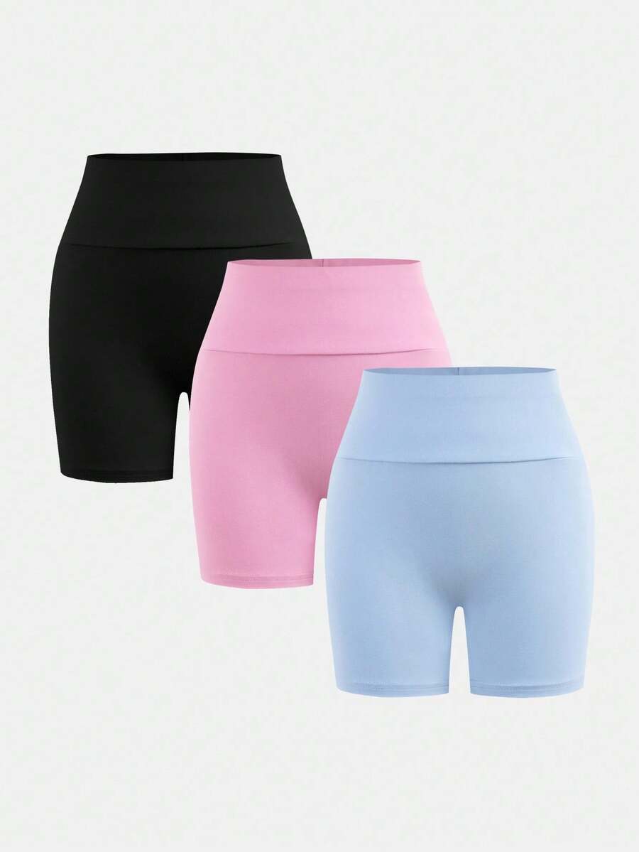SHEIN Girlism 3件套青少年女童休闲纯色舒适高腰短裤 - 彩色 - 查看 1
