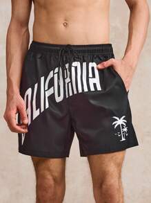 Surfspeed 男士字母印花抽绳腰口袋沙滩短裤 - 黑色 - 查看 3