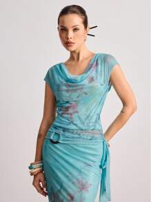 ROMWE Avant Y2K Vintage Floral Print Mesh Overlay Sequin Beaded Solid Color Camisole Two Pieces Set - Baby Blue - View 5