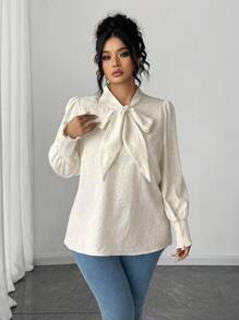 Elenzga Plus Size Solid Floral Bow Elegant Regular Fit Women Shirt, Autumn/Winter Fall Cloth For Women