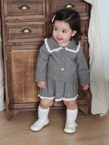 DAZY 2pcs Baby Girls' Lace Patchwork Collared Long Sleeve Cardigan And Pleated Skirt Knit Sweater Set Fall,Winter