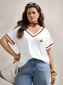 Zelara Camiseta de manga corta con recorte de bloques de color y estampado de cerezas para uso casual en tallas grandes para mujeres, ropa bohemia y estilo 90, tops gráficos de verano para festival, salidas de primavera y verano, ropa de primavera y festival de rave, 100% algodón - Blanco - Ver 3