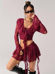 SHEIN ICON Y2k Fall Women's Western Burgundy Ruffled Flare Sleeve Sheer Lace 2 Pieces Set - Burgundy - View 3