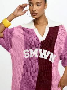 SUMWON WOMEN 超大号钩针 Polo 衫，带有标志性 SMWN 标志条纹细节，秋冬学院风套头毛衣，复古校园风，学院风，时尚休闲 - 酒紅色 - 查看 7