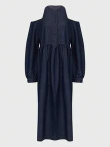 Daynim Women's Casual Vacation Lantern Sleeve Denim Dress