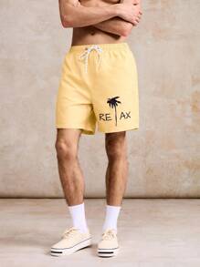 Surfspeed Men's Casual Coconut Tree Print Beach Shorts - Yellow - View 6