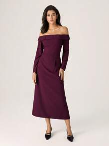 Modelyn Women's Burgundy Elegant Off Shoulder Long Sleeve Ruffle Mid-Length Dress,Autumn Dining Party Wear,Solid Color Knitted Strappy Shirt Dresses For Mom - Brown - View 3