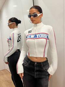 SHEIN ICON 女士字母图案立领短款拉链毛衣 Y2K 露脐上衣 白色露脐上衣 纽约风上衣 Y2K 上衣 拉链露脐上衣 秋季女装 - 彩色 - 查看 2
