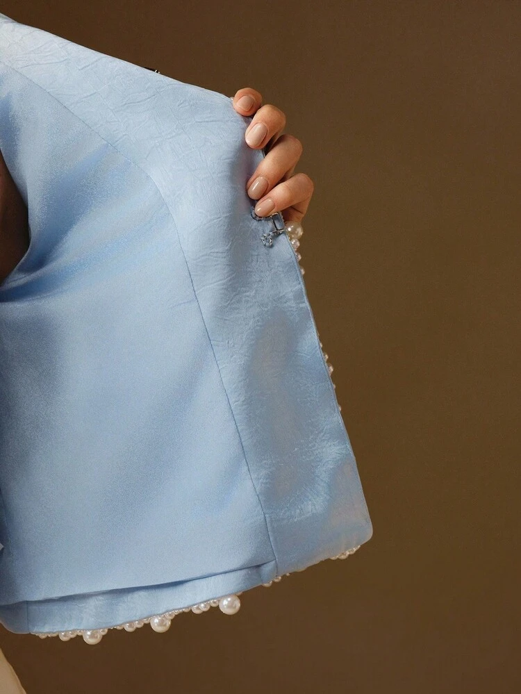 Elegant Handmade Pearl Beaded Collarless Jacket, Suitable For Autumn, Fall, Winter, Going Out, Formal, Party, Chic, New Year, Women's Winter Jacket, Christmas, Work, Graduation, Wedding