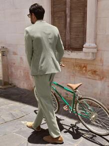 HIMLAND 男士梭织休闲宽松西装套装：休闲夹克和直筒抽绳腰裤，2 件套男士条纹亚麻西装男士夏季西装男士休闲西装男士两件套西装男士度假装男士条纹亚麻西装男士泡泡纱西装男士夏季西装 - 黑色 - 查看 2