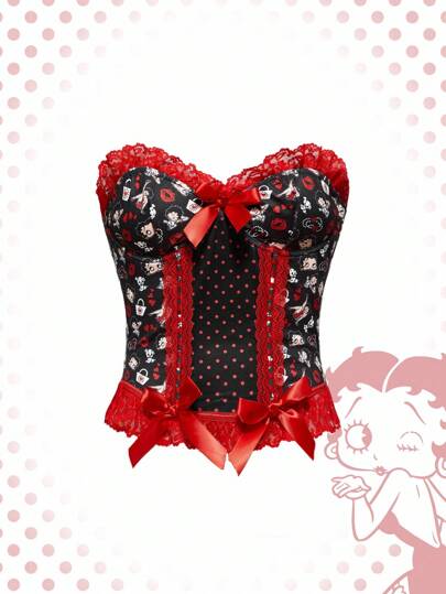 Betty Boop | ROMWE Top court à contraste de dentelle et d'arêtes de poisson avec imprimé "Betty" doux et épicé pour femmes, style Y2K