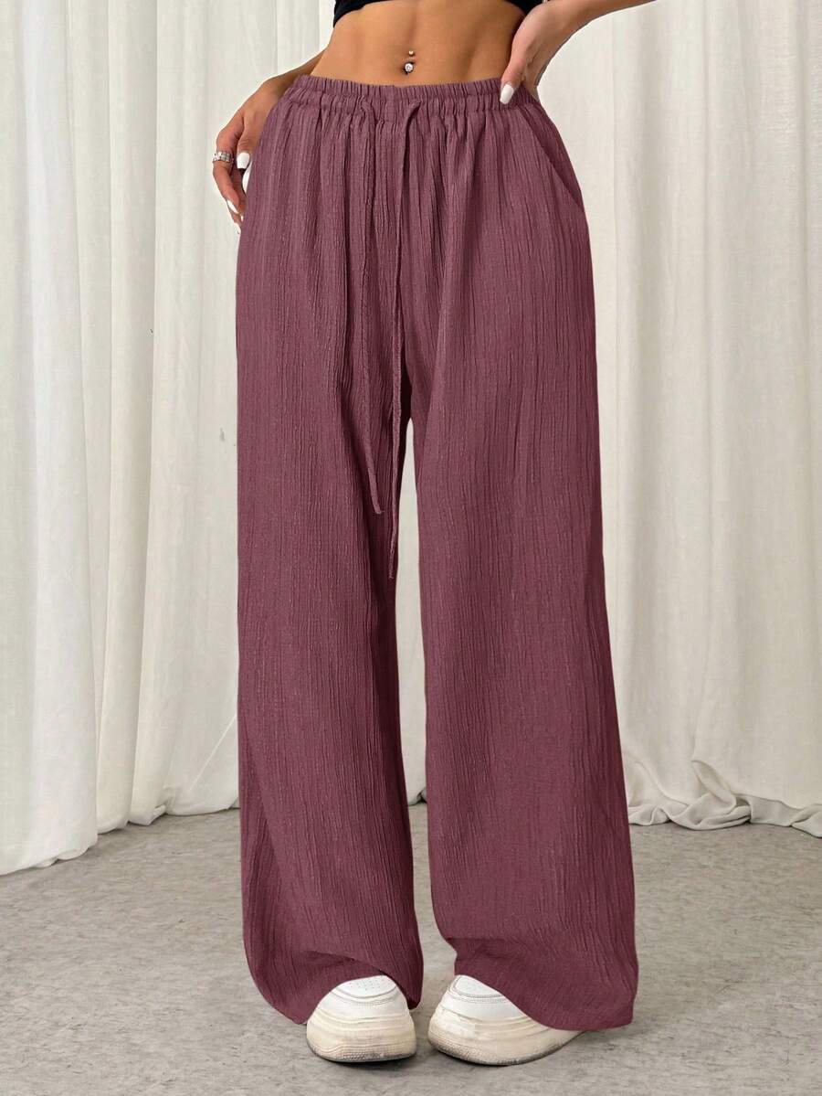 SHEIN EZwear Women's Plum Red Front Tie Ruched Casual Pants - Red Violet - View 1