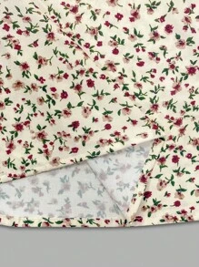 Women Summer Boho Ditsy Floral Keyhole Neck Puff Cap Sleeve Fold Pleated Top - Rose Red - View 4