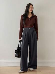 Dazy-Less Women's Loose Business Casual Pleated Straight Leg Pants, Suitable For Commuting, Office Wear, Autumn/Winter