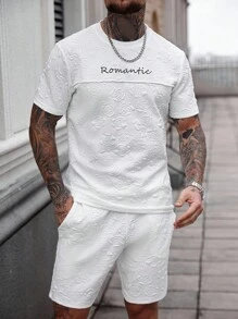 Manfinity CasualCool Men's Mature Street Style Textured Fabric Letter Embroidered T-Shirt And Shorts Casual Set - Black - View 5