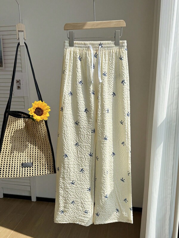 WESTFADE Young Tween Girls Pink Stripe Bow Print Puff Texture Waist White Contrast Tie Loose Pants