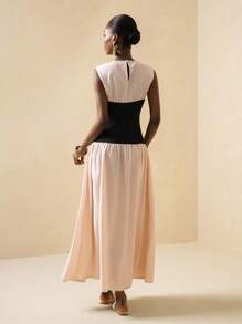 Vesra Đầm không tay cổ tròn màu tương phản đơn giản dành cho nữ, phong cách đi làm - Màu be - Xem 2