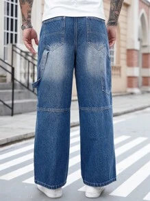 Manfinity Homme Men's Casual Loose Fit Multi-Pocket Blue Denim Cargo Pants, Street Style Baggy Jeans Loose Jeans - Medium Wash - View 2