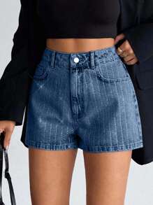 EURMUSE High Waist Rhinestone Slant Pocket Casual Denim Shorts - Light Wash - View 4