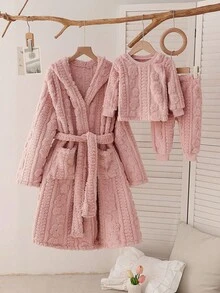 女婴柔软舒适毛绒面料长袖上衣和裤子家居服，粉色 - 粉色 - 查看 6