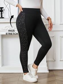 EMERY ROSE Leggings casuales de talle alto y estampado brillante para mujer de talla grande