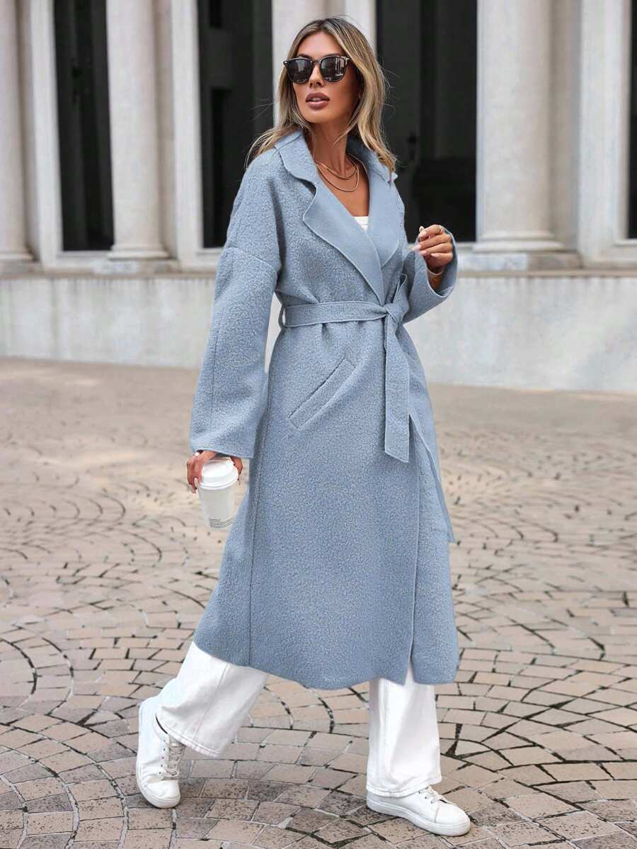 EURMUSE Của phụ nữ Màu thuần Thả vai Eo Thắt lưng Len áo - Màu xanh nhạt - Xem 1