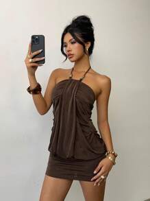 Aloruh 女式纯色褶饰串珠吊带迷你连衣裙，时尚夏季 - 咖啡 - 查看 3